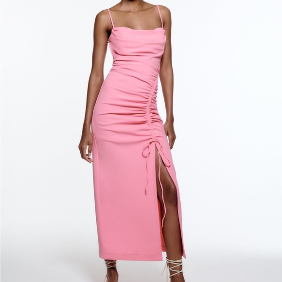 Light Pink Ruched Corset Midi Wedding Party Dress - Picture 5 of 11